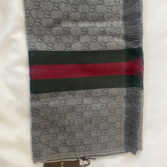 NWT GUCCI gray/green/red WEB stripe VERBIERE wool/silk knit 35x180cm scarf - Picture 7 of 9